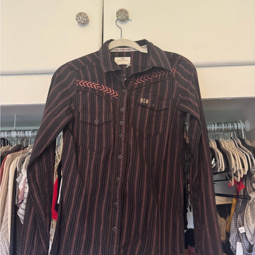 Shyanne Women's Black and Brown Striped Button Down Shirt